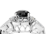 Silver Fancy Black Round Cut Halo Milgrain Diamond Engagement Ring with Leaf Band and Four-Prong Setting_10