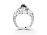 Silver Fancy Black Round Cut Halo Milgrain Diamond Engagement Ring with Leaf Band and Four-Prong Setting_9
