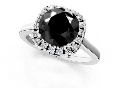 Silver Fancy Black Round Cut Halo Round Diamond Solitaire Ring with Pavé Band and Four-Prong Setting_31