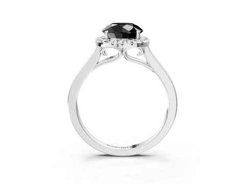 Silver Fancy Black Round Cut Halo Round Diamond Solitaire Ring with Pavé Band and Four-Prong Setting_33