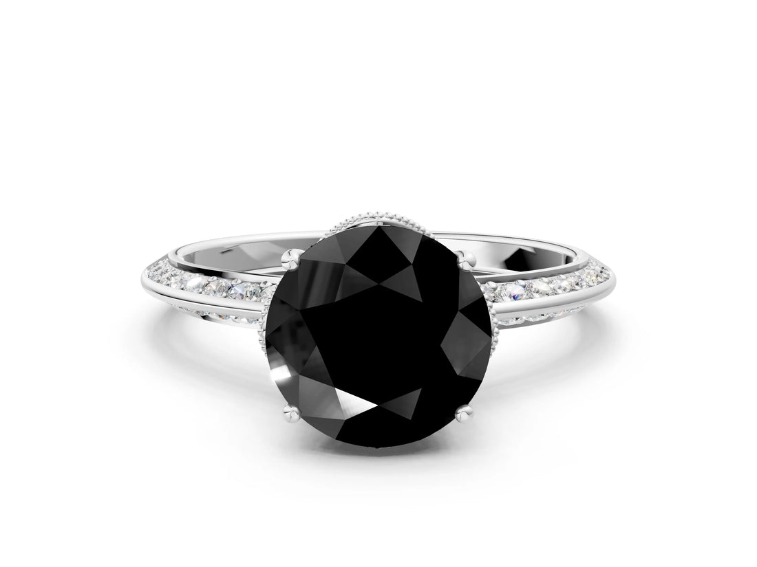 Silver Fancy Black Round Cut Solitaire Split Shank Pave Diamond Engagement Ring with Four-Prong Setting_72