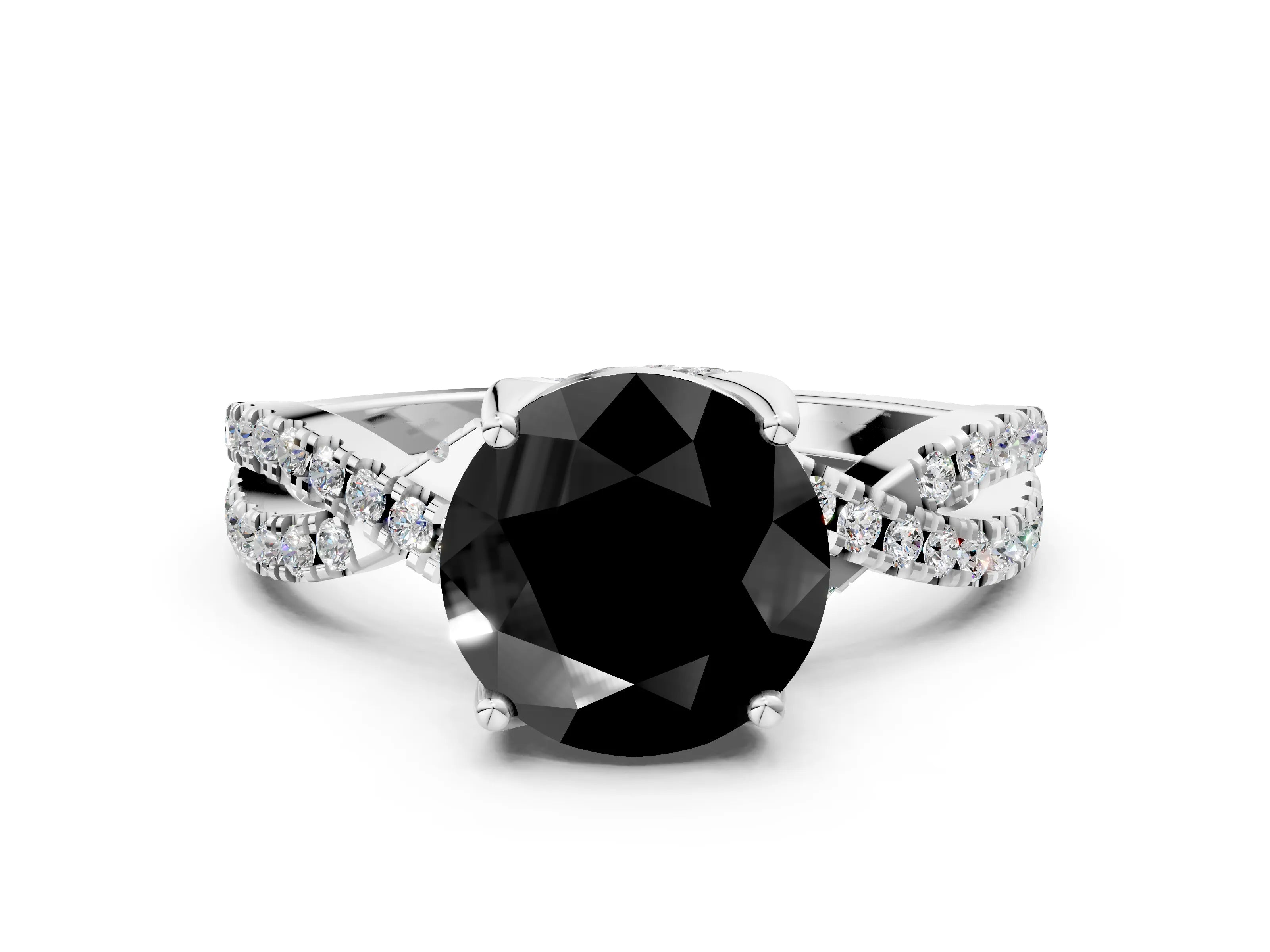 Silver Fancy Black Round Cut Solitaire Twist Pave Diamond Engagement Ring with Prong Setting_54