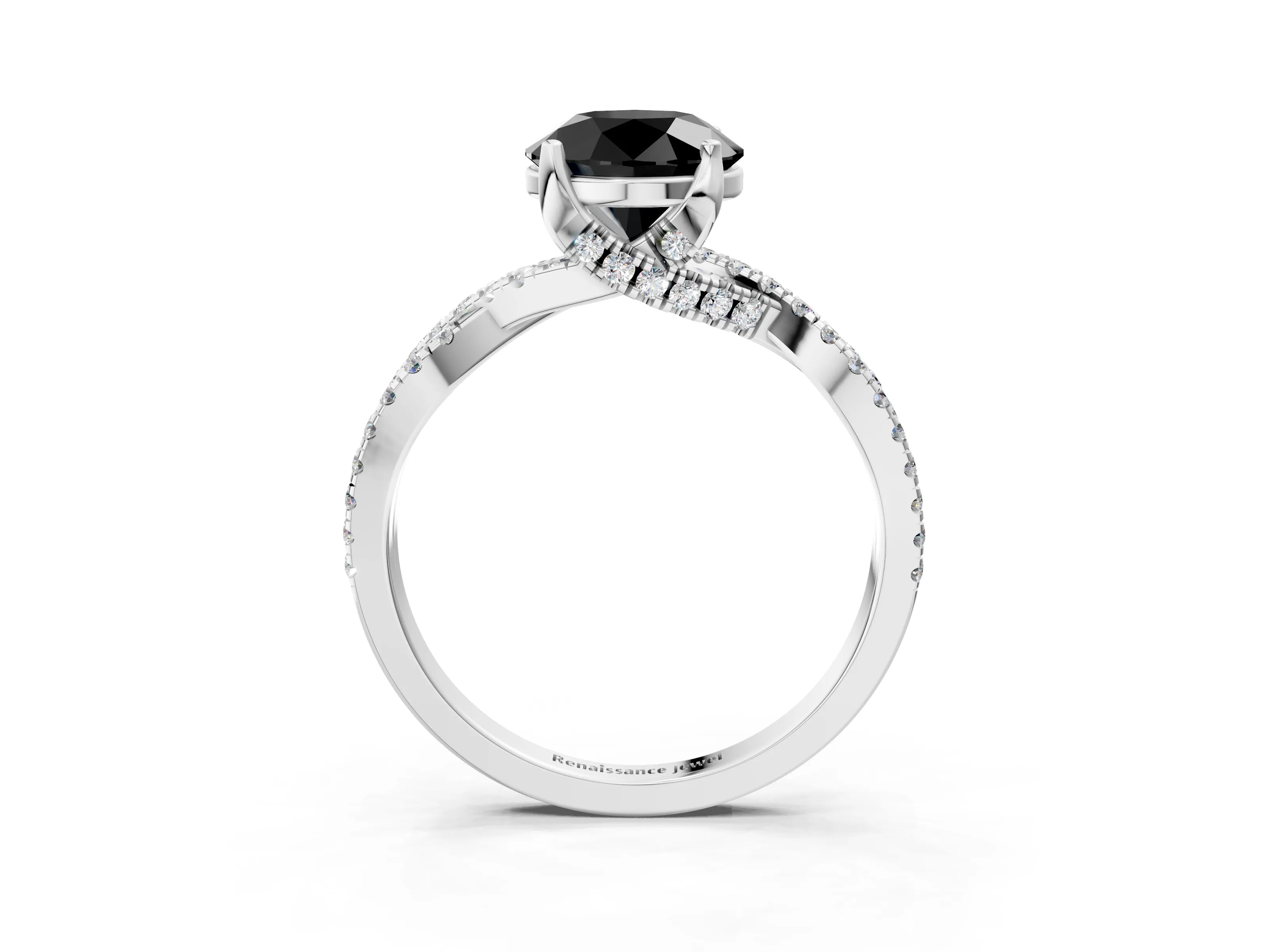Silver Fancy Black Round Cut Solitaire Twist Pave Diamond Engagement Ring with Prong Setting_57