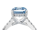 Silver Fancy Blue Asscher  Brilliant Diamond Solitaire with Pavé Band and Four-Prong Setting