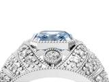 Silver Fancy Blue Asscher Cut Brilliant Halo Pave Diamond Milgrain Ring_10