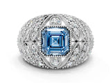 Silver Fancy Blue Asscher Cut Brilliant Halo Pave Diamond Milgrain Ring_6