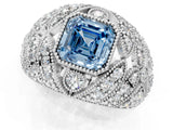 Silver Fancy Blue Asscher Cut Brilliant Halo Pave Diamond Milgrain Ring_7
