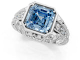 Silver Fancy Blue Asscher Cut Brilliant Milgrain Filigree Diamond Ring with Square Prong Setting_43
