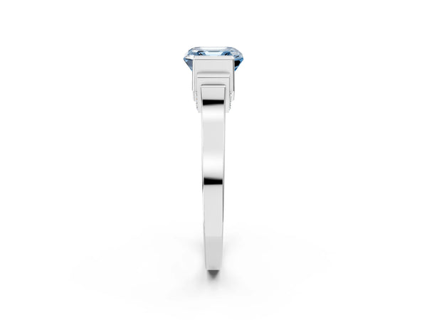 Silver Fancy Blue Asscher Cut Brilliant Solitaire Diamond Ring with Channel Set Band and Bar Prong Setting
