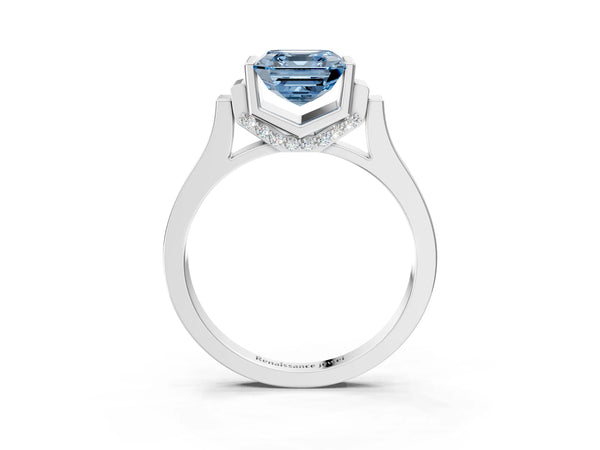 Silver Fancy Blue Asscher Cut Brilliant Solitaire Diamond Ring with Channel Set Band and Bar Prong Setting