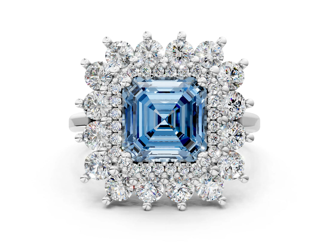 Silver Fancy Blue Asscher Cut Diamond Floral Double Halo Engagement Ring with Prong Setting_36