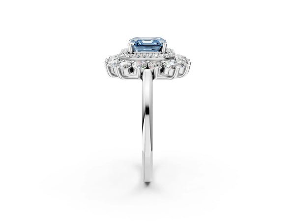 Sterling Silver Asscher Cut Floral Double Halo Engagement Ring Setting for Fancy Blue Center