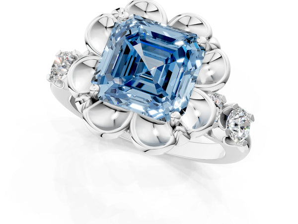 Sterling Silver Asscher Cut Floral Engagement Ring Setting for Fancy Blue Center with Side Accents