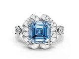 Silver Fancy Blue Asscher  Cut Diamond Floral Halo Engagement Ring with Shared Prong Setting