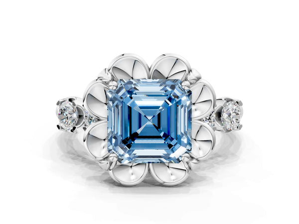 Sterling Silver Asscher Cut Floral Engagement Ring Setting for Fancy Blue Center with Side Accents
