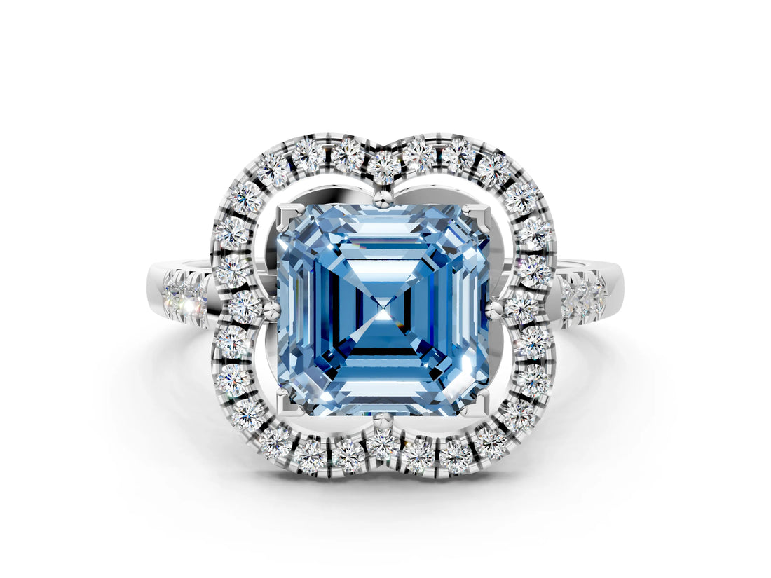 Silver Fancy Blue Asscher Cut Diamond Floral Halo Split Shank Prong Setting Ring_6