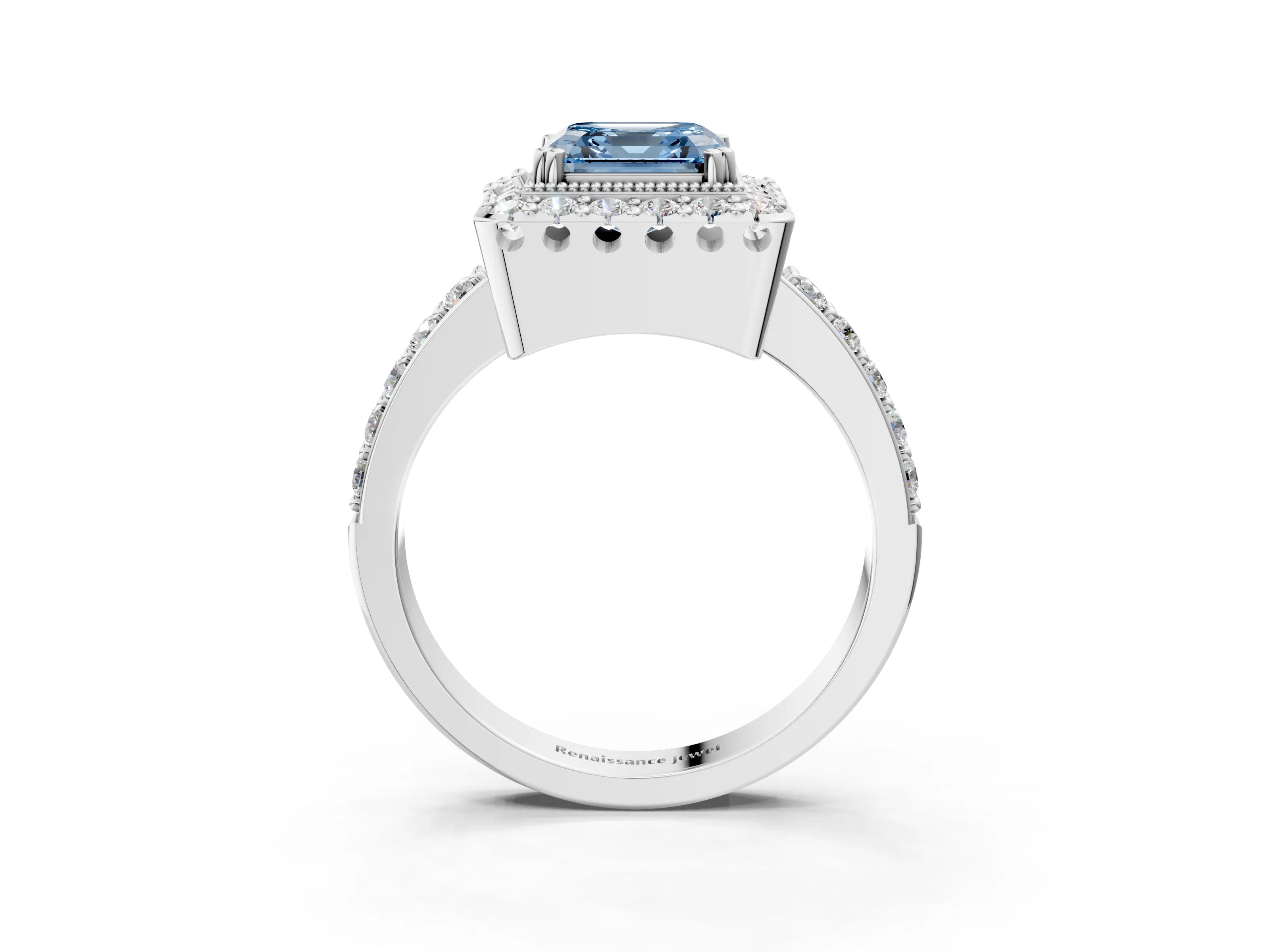 Silver Fancy Blue Asscher Cut Diamond Halo Ring with Pavé Band and Prong Setting_12