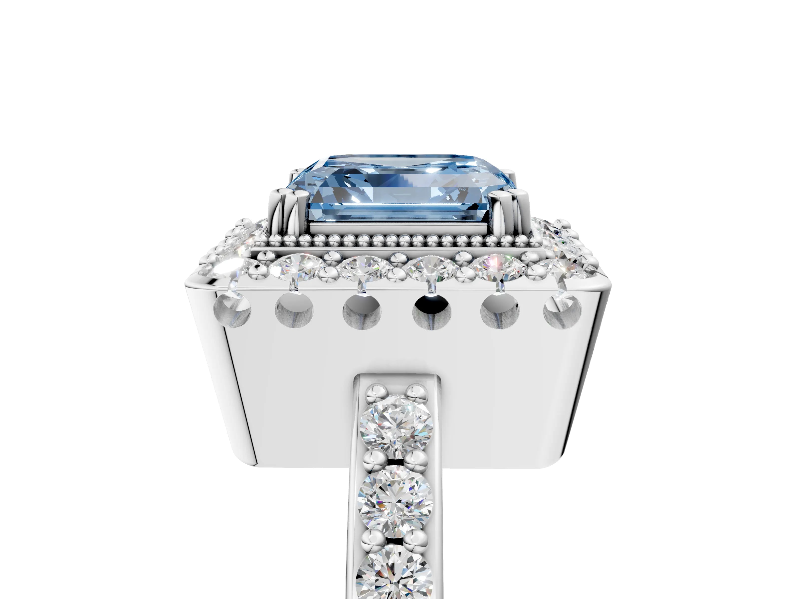 Silver Fancy Blue Asscher Cut Diamond Halo Ring with Pavé Band and Prong Setting_14