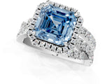 Silver Fancy Blue Asscher Cut Diamond Halo Ring with Round Split Shank and Prong Setting_13