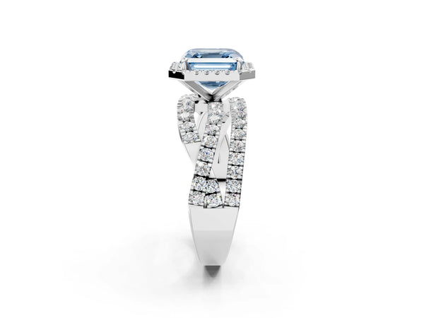 Sterling Silver Asscher Cut Halo Twist Engagement Ring Setting for Fancy Blue Center