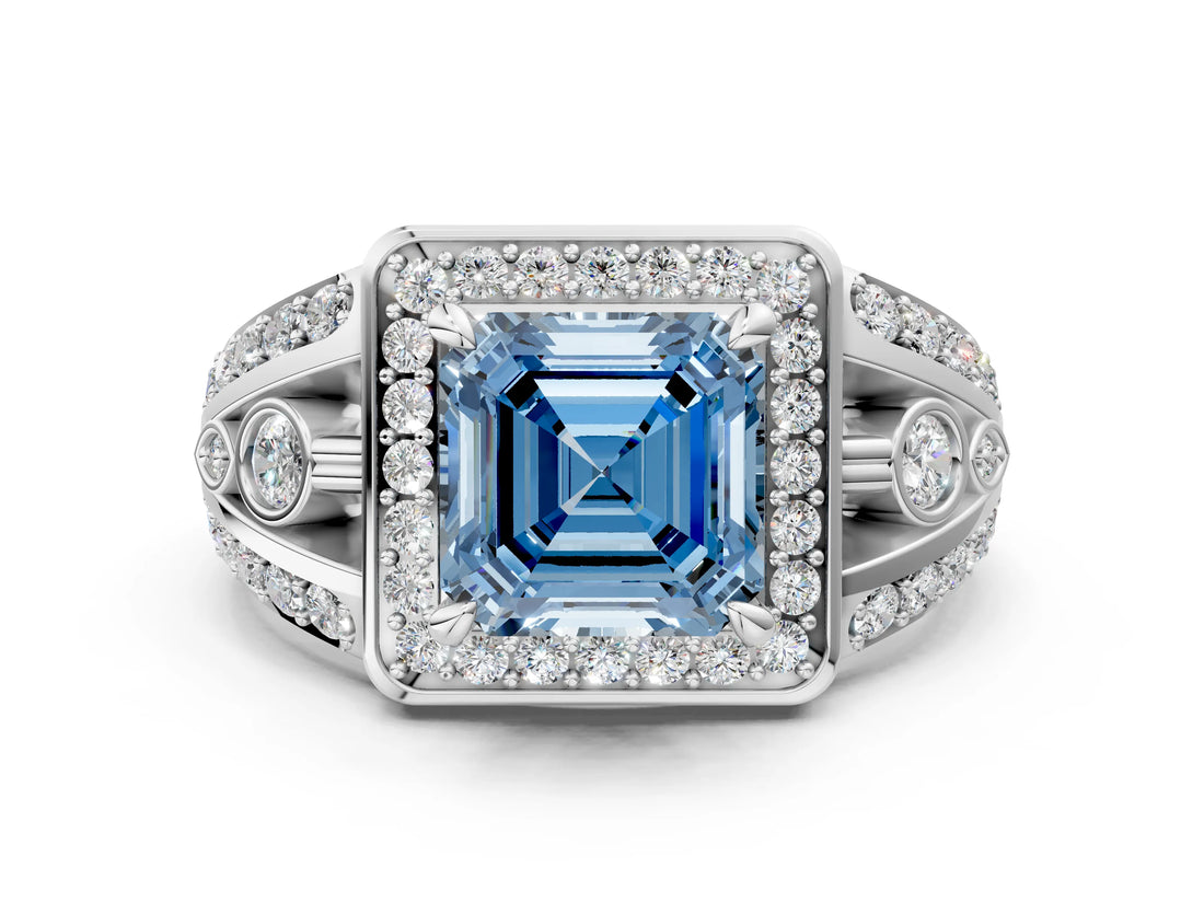 Silver Fancy Blue Asscher Cut Diamond Halo Ring with Split Shank and Bezel Accents and Four-Prong Setting_6