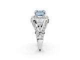 Silver Fancy Blue Asscher Cut Diamond Halo Ring with Split Shank and Bezel Accents and Four-Prong Setting_8
