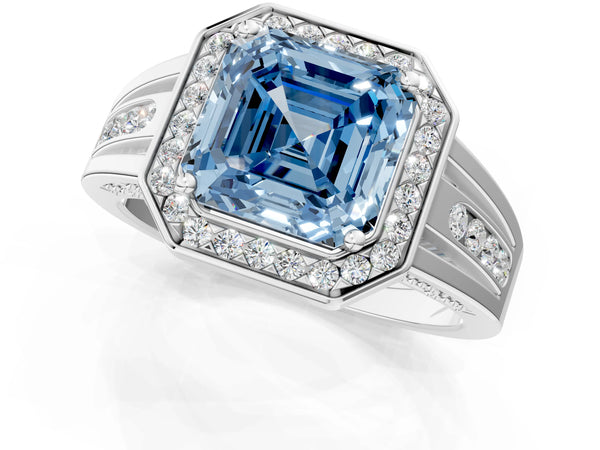 Sterling Silver Asscher Cut Channel Set Halo Engagement Ring Setting for Fancy Blue Center