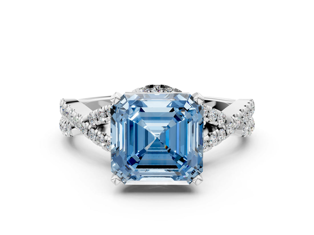 Silver Fancy Blue Asscher Cut Diamond  Halo Twist Band Solitaire Prong Setting Ring_12