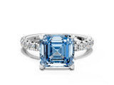 Silver Fancy Blue Asscher Cut Diamond Pavé Solitaire Ring with Round Band and Prong Setting