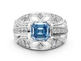 Silver Fancy Blue Asscher Cut Diamond Pave Art Deco Split Shank Ring with Four-Prong Setting_6