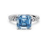 Silver Fancy Blue Asscher Cut Diamond Solitaire Pavé Engagement Ring with Round Band and Prong Setting