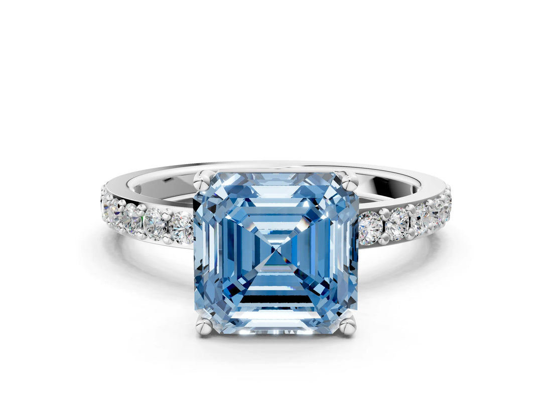 Silver Fancy Blue Asscher  Cut Diamond Solitaire with Pave Band and Four-Prong Setting 1