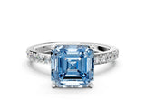 Silver Fancy Blue Asscher  Cut Diamond Solitaire with Pave Band and Four-Prong Setting 1