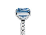 Silver Fancy Blue Asscher  Cut Diamond Solitaire with Pave Band and Four-Prong Setting
