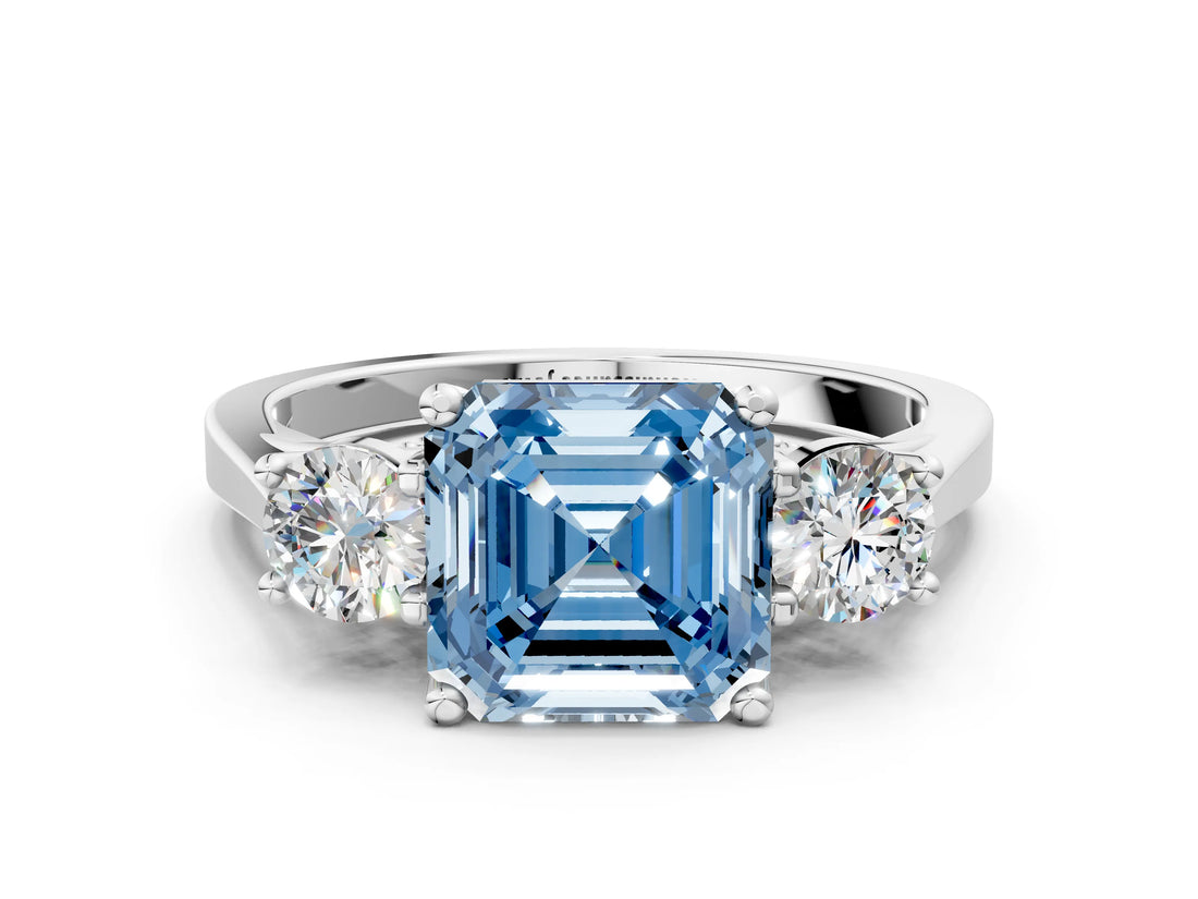Silver Fancy Blue Asscher Cut Diamond Three-Stone Engagement Ring with Prong Setting and Pavé Band_6