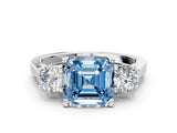 Silver Fancy Blue Asscher Cut Diamond Three-Stone Engagement Ring with Prong Setting and Pavé Band_6