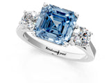 Silver Fancy Blue Asscher Cut Diamond Three-Stone Engagement Ring with Prong Setting and Pavé Band_7