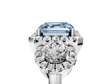 Silver Fancy Blue Asscher Cut Diamond Three-Stone Halo Ring with Prong Setting and Pavé Accents_11