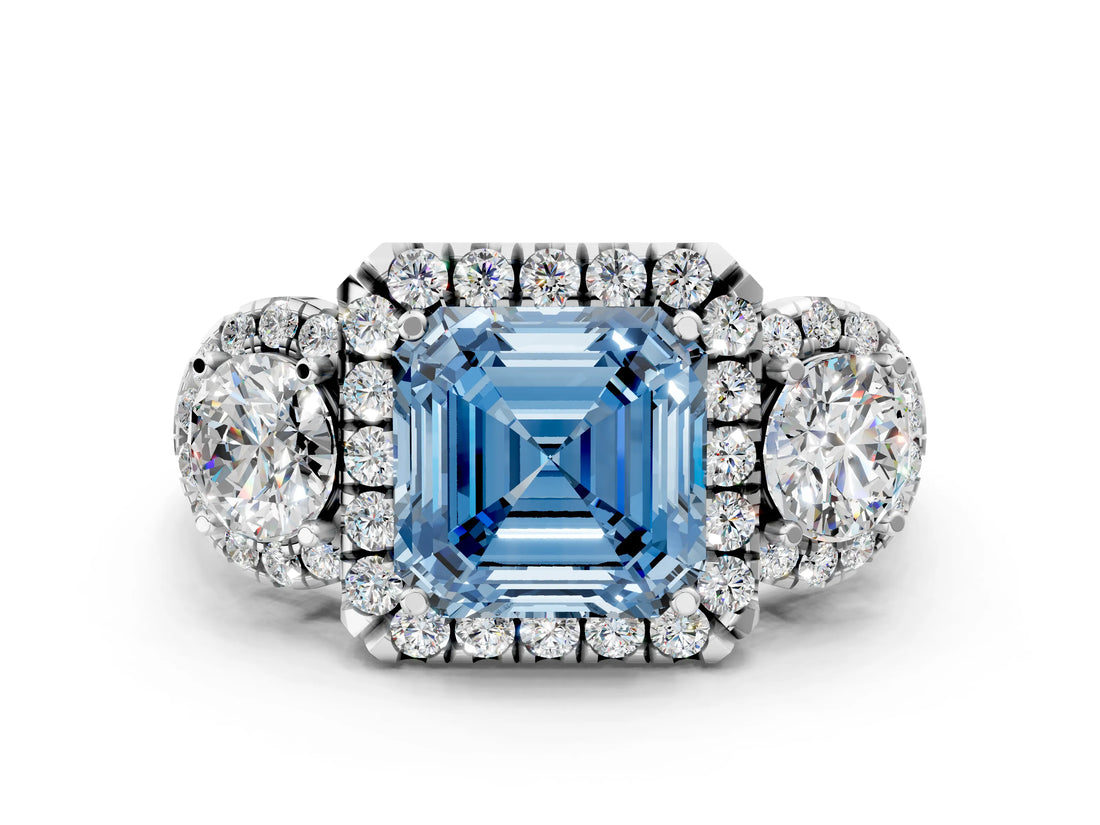 Silver Fancy Blue Asscher Cut Diamond Three-Stone Halo Ring with Prong Setting and Pavé Accents_6