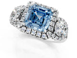 Silver Fancy Blue Asscher Cut Diamond Three-Stone Halo Ring with Prong Setting and Pavé Accents_7
