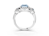 Silver Fancy Blue Asscher Cut Diamond Three-Stone Halo Ring with Prong Setting and Pavé Accents_9