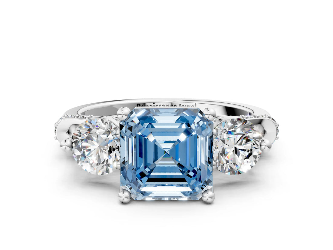 Silver Fancy Blue Asscher Cut Diamond Three-Stone Ring with Prong Setting and Pavé Band_6