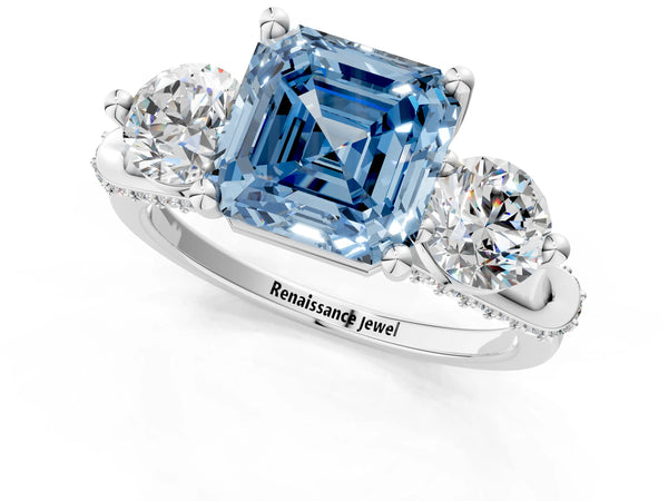 Sterling Silver Asscher Cut Curved Pave Three Stone Engagement Ring Setting for Fancy Blue Center