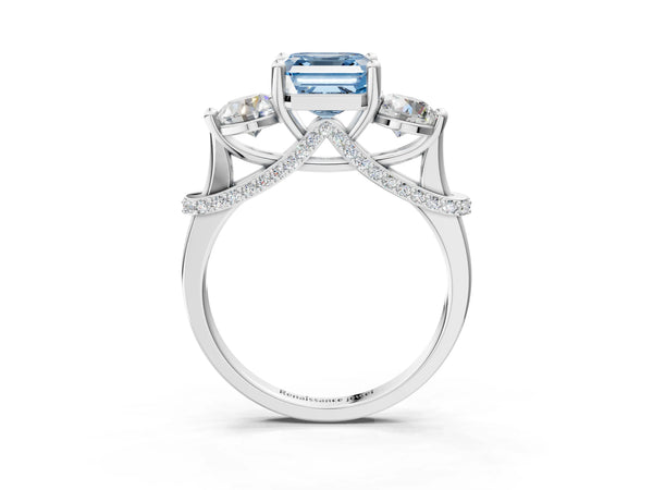 Sterling Silver Asscher Cut Curved Pave Three Stone Engagement Ring Setting for Fancy Blue Center