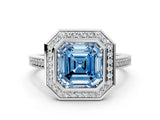 Silver Fancy Blue Asscher Cut Halo Bezel Diamond Pave Band Ring_6