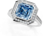 Silver Fancy Blue Asscher Cut Halo Bezel Diamond Pave Band Ring_7