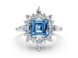 Silver Fancy Blue Asscher Cut Halo Diamond Cluster Ring with Marquise and Round Stones on a White Gold Band with Prong Setting