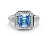 Silver Fancy Blue Asscher Cut Halo Diamond Ring with Beaded Split Shank and Four-Prong Setting_6