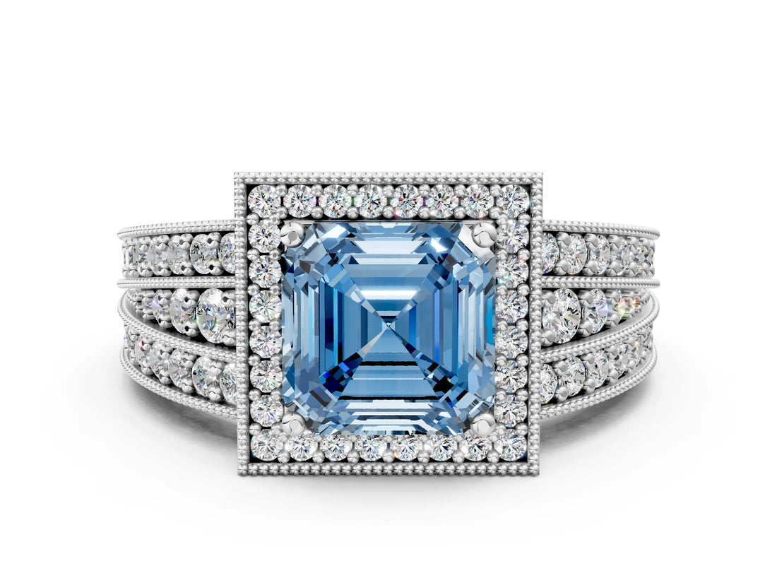 Silver Fancy Blue Asscher Cut Halo Diamond Split Shank Ring with Prong Setting_6