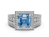 Silver Fancy Blue Asscher Cut Halo Diamond Split Shank Ring with Prong Setting_6